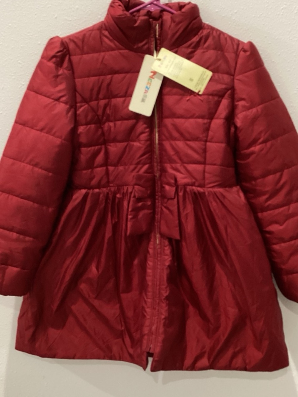 Girls' Red Quilted Fit & Flare Puffer Jacket with Bow Detail